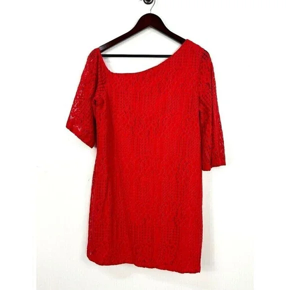 Laundry by Shelli Segal Womens Size M Red Lace Shift Dress Cocktail Evening E4 - Picture 5 of 11